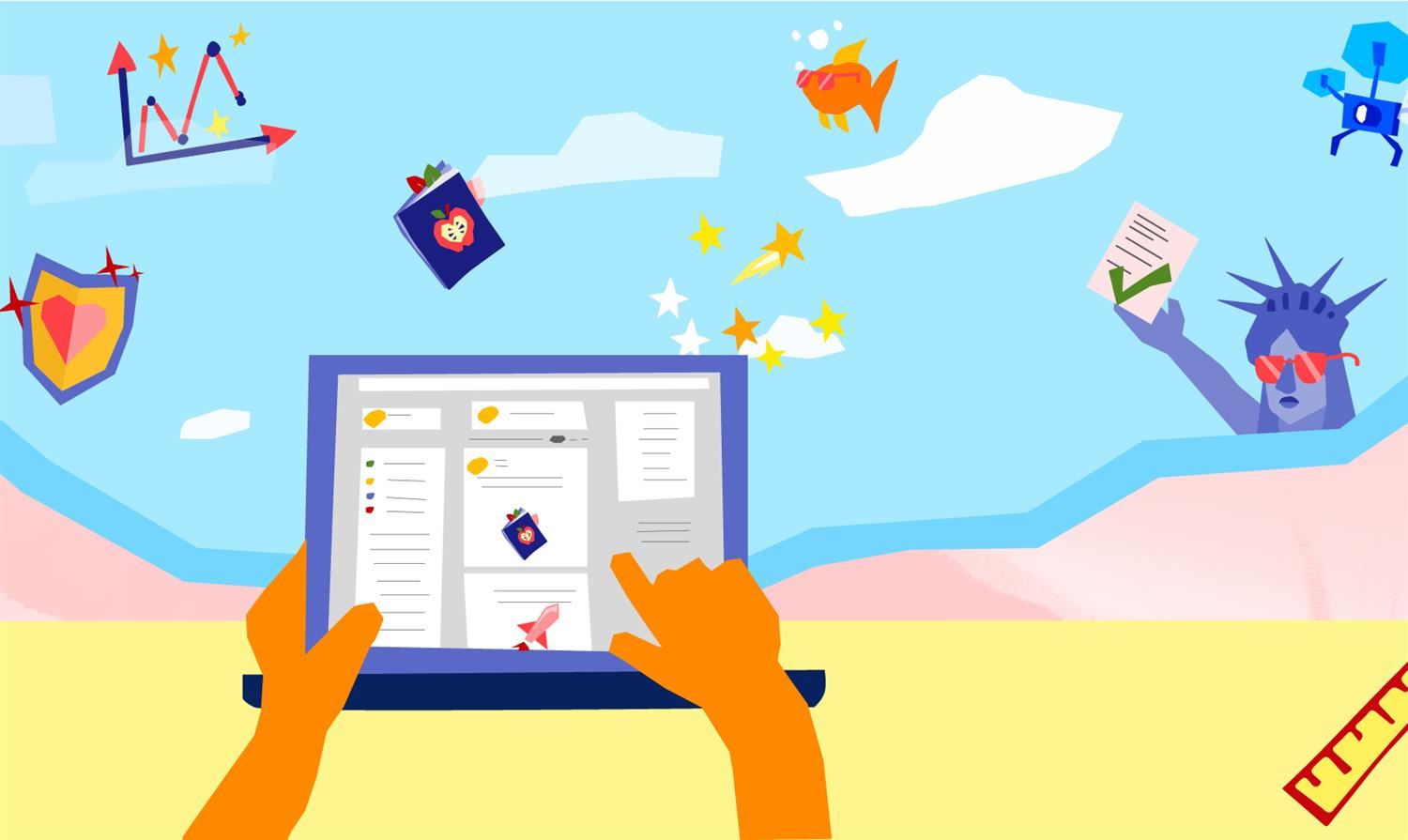 Photo of laptop with sky-blue background and small pictures of symbolizing learning floating around